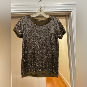 J. Crew Olive Sequin Short Sleeve Top, Cotton with Silk trim